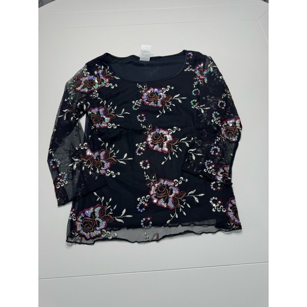 Womens Wrapper Made In USA - Floral Black Sheer Blouse - Large - 3/4 Sleeve